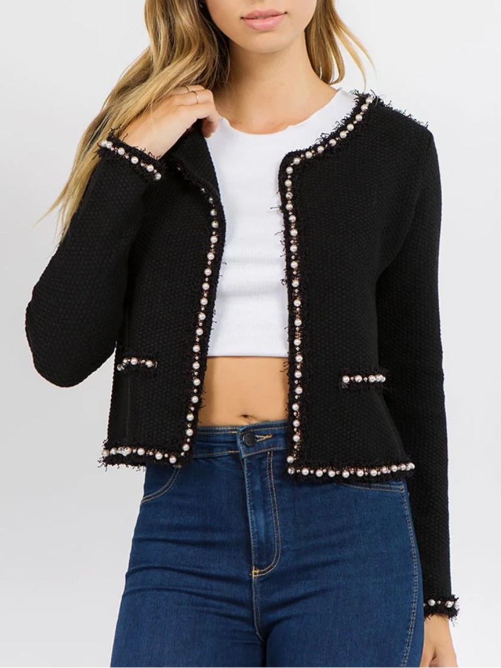 Versona Black Pearl-Trim Open Front Cardigan Lady Jacket women Large